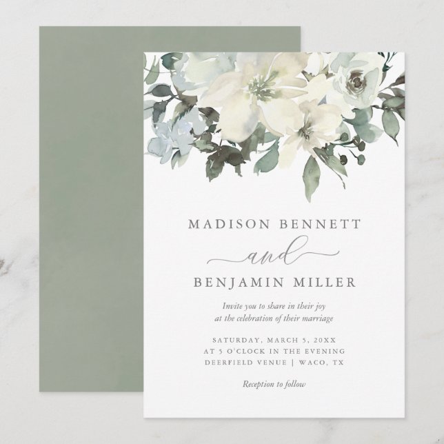 Invitation Élégant ivoire et Mariage de verdure fleurie de Sa (Devant / Derrière)