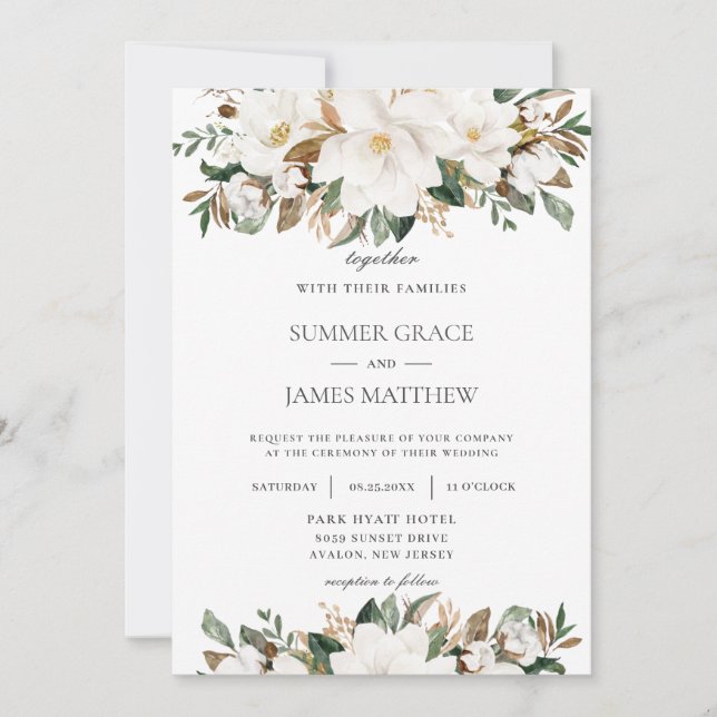 Invitation Élégant Ivoire Magnolia Mariage de verdure fleurie (Devant)