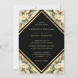 Invitation Élégant Ivoire Noir Or Mariage géométrique Floral