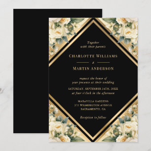 Invitation Élégant Ivoire Noir Or Mariage géométrique Floral