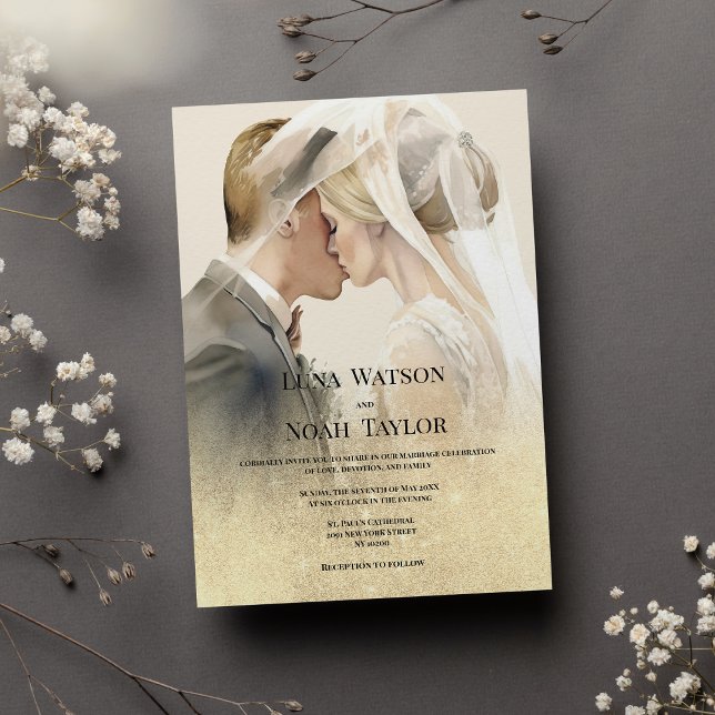 Invitation Elégant ivoire or parties scintillant couple photo (Elegant ivory gold glitter couple photo Wedding )