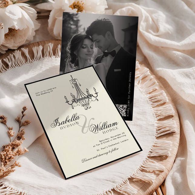 Invitation Elegant Ivory Black and white Photo Wedding (Créateur téléchargé)