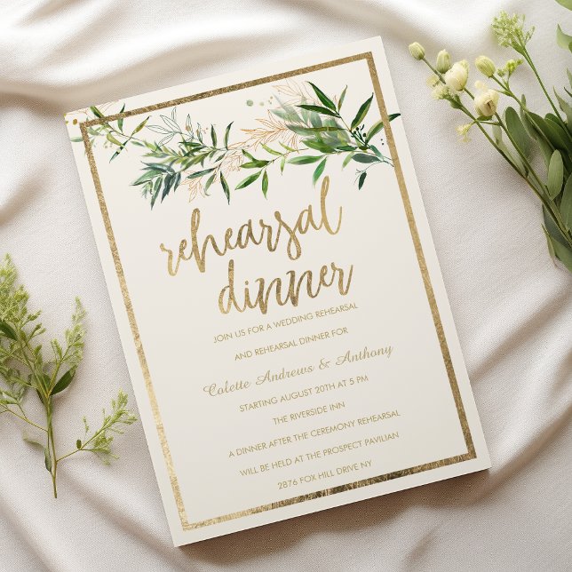 Invitation Elegant ivory green gold foliage Rehearsal Dinner (Elegant ivory green gold foliage Rehearsal Dinner)