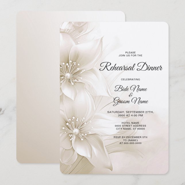 Invitation Elegant Ivory White Flowers Rehearsal Dinner (Devant / Derrière)