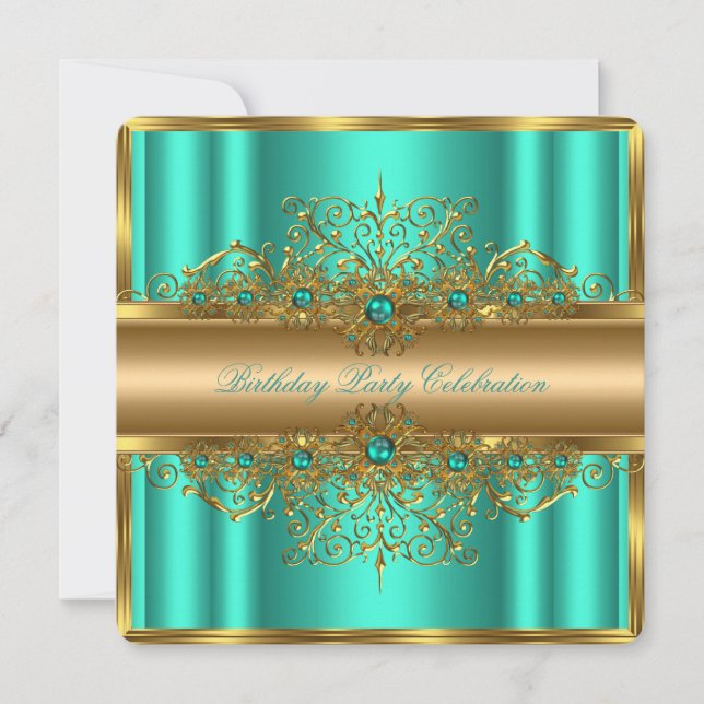 Invitation Elégant Jade d'or perles Turquoises fête d'anniver (Devant)