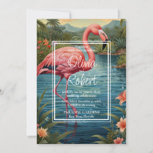 Invitation Elégant jardin boho tropical flamand rose rétro