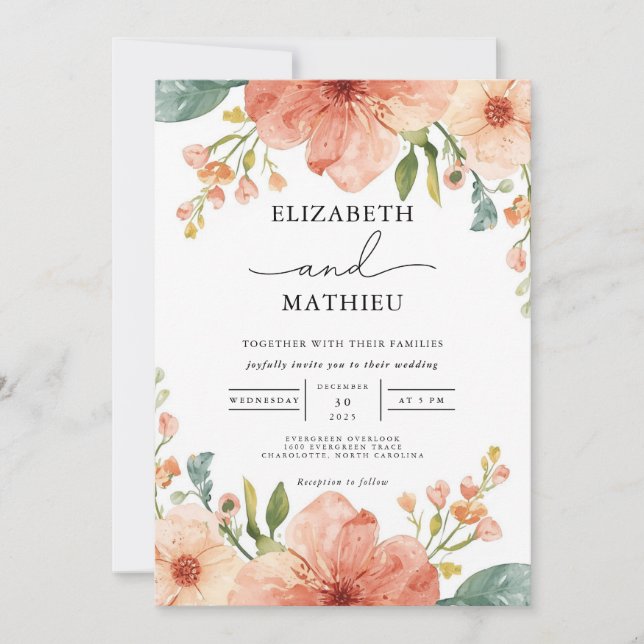 Invitation Elégant Jardin de corail Mariage floral (Devant)
