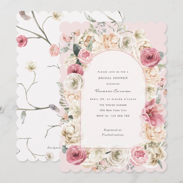 Invitation Elégant jardin de printemps rose vif douche nuptia (Devant / Derrière)