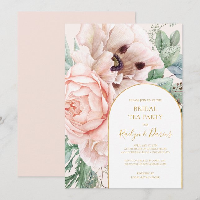 Invitation Elégant jardin fleuri | Pastel Bridal Tea Party (Devant / Derrière)