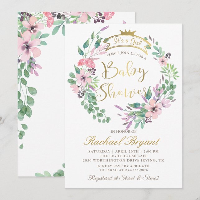 Invitation Elégant Jardin Fleurs or Couronne Baby shower fill (Devant / Derrière)