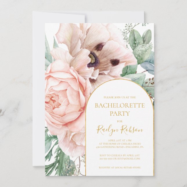 Invitation Elégant Jardin Floral Blush | Bachelorette (Devant)