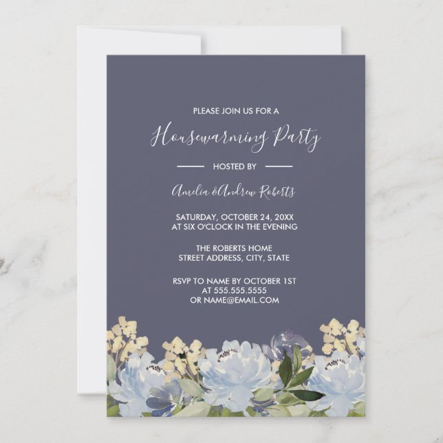 Invitation Elégant Jardin Floral Gris Bleu Ménage (Devant)