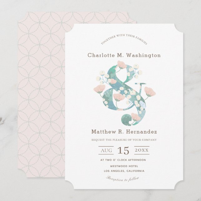 Invitation Elégant Jardin Floral Rose Bleu Mariage (Devant / Derrière)