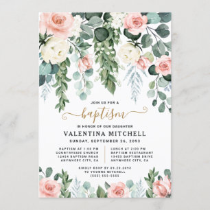 Invitation Élégant Jardin Floral Rose-Bleu unique Baptême
