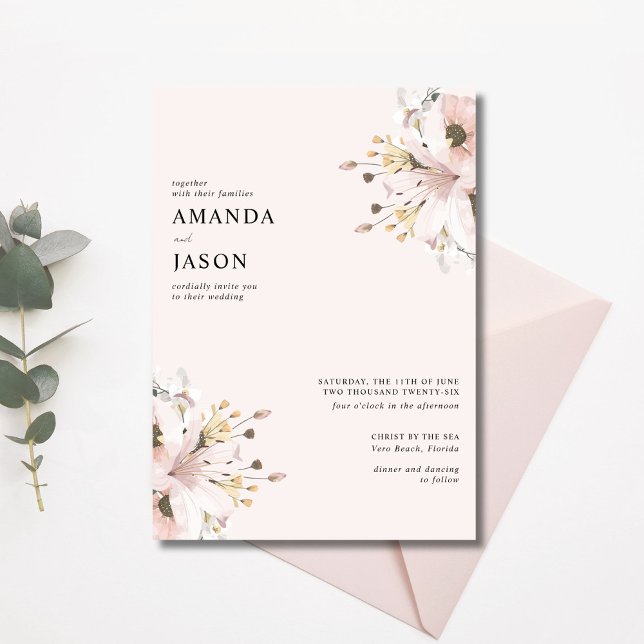 Invitation Elégant Jardin Floral Rose Mariage (Elegant Pink Floral Garden Wedding Invitation)