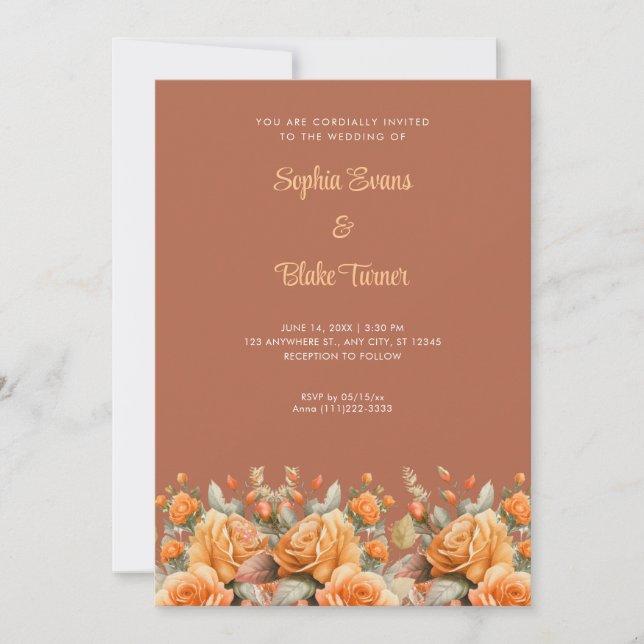 Invitation Elégant Jardin Rose Orange Mariage Brown (Devant)