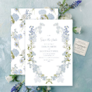 Invitation Élégant Jardin Vintage Bleu & Blanc Save the Date