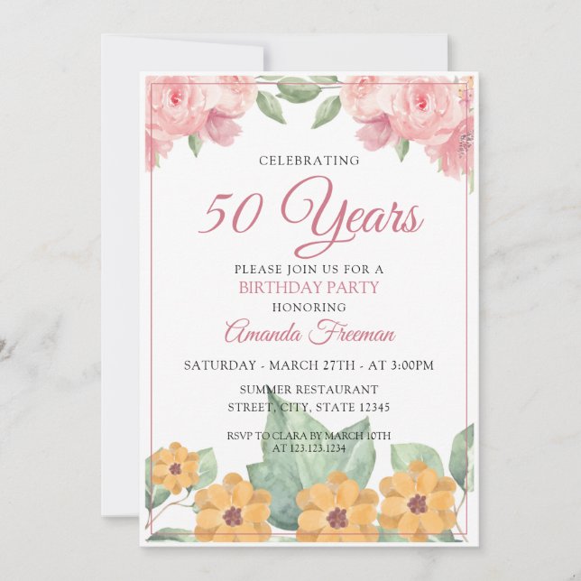 Invitation Elégant Jaune et rose Floral Mère Anniversaire (Devant)