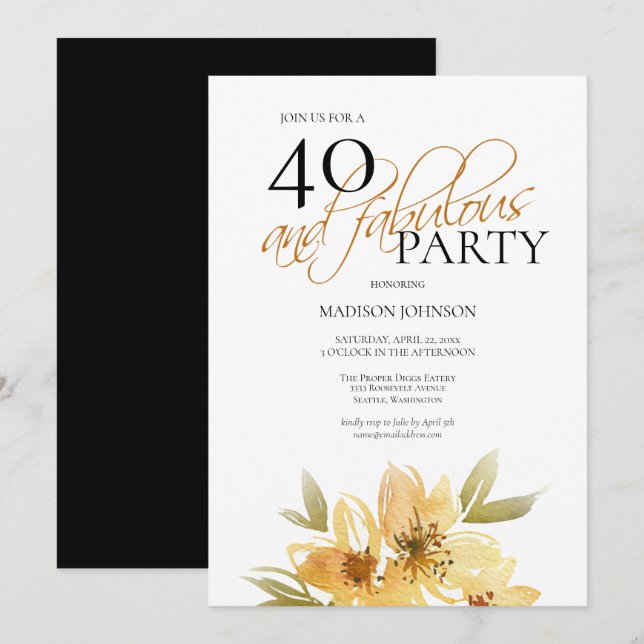 Invitation Elégant Jaune Floral 40 et Fabuleux anniversaire (Devant / Derrière)