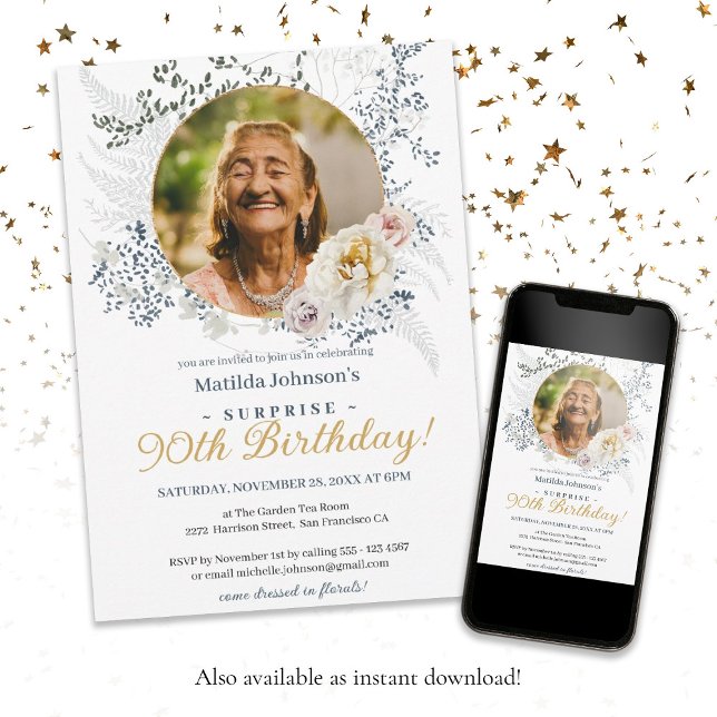 Invitation Elégant jaune floral photo Surprise 90e anniversai (Surprise 90th Birthday Elegant Yellow Floral Photo Invitation)