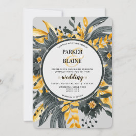 Invitation Élégant Jaune & Gris Floral Mariage de script mode