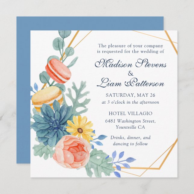 Invitation Élégant Joli Mariage de Macaron Succulent Floral (Devant / Derrière)