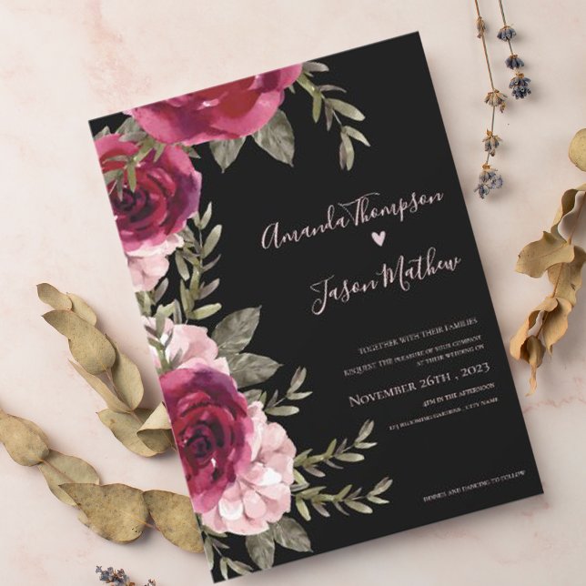 Invitation Élégant Joli Noir Bourgogne Blush Floral Mariage (Créateur téléchargé)