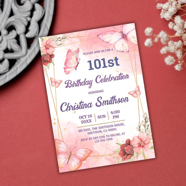 Invitation Elégant joli papillon rose floral 101e anniversair (Créateur téléchargé)