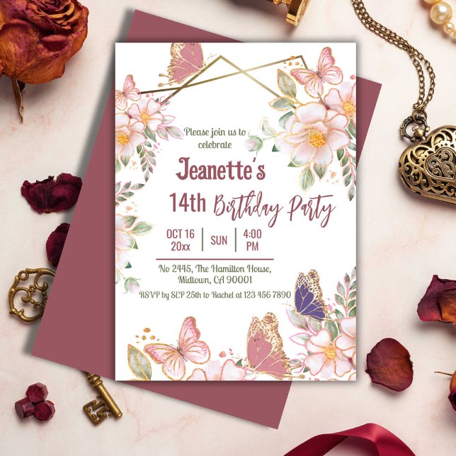 Invitation Élégant joli papillon rose floral 14e anniversaire (Front/Back )
