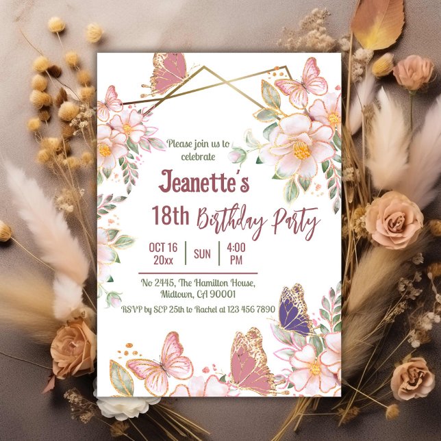 Invitation Élégant joli papillon rose floral 18e anniversaire (Créateur téléchargé)