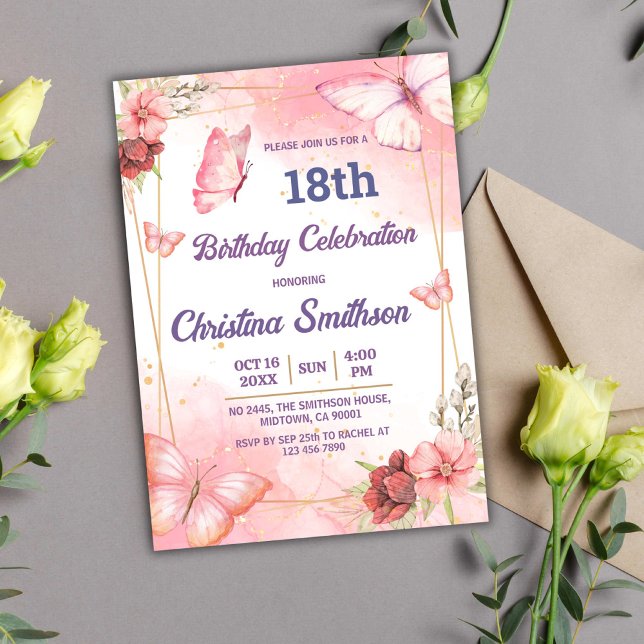 Invitation Élégant joli papillon rose floral 18e anniversaire (Créateur téléchargé)