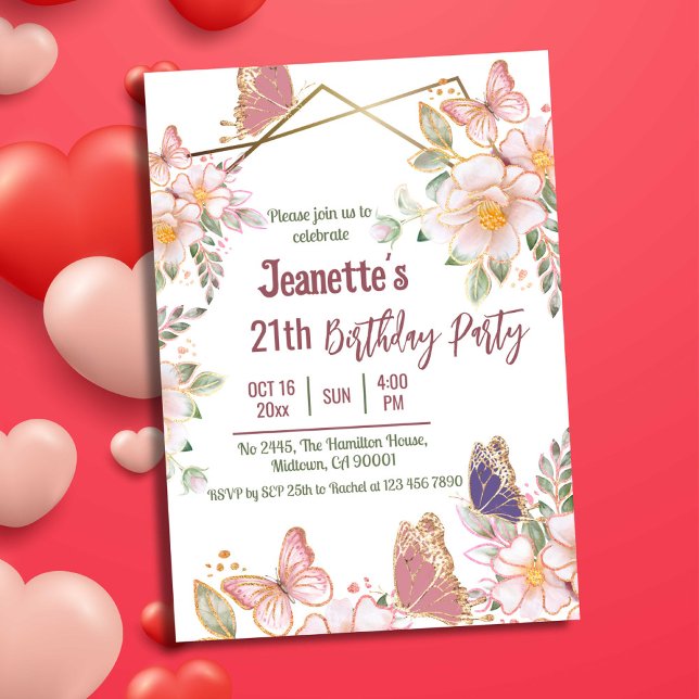 Invitation Elégant joli papillon rose floral 21e anniversaire (Front)