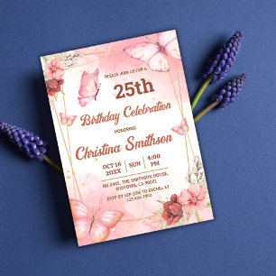 Invitation Élégant joli papillon rose floral 25e anniversaire