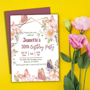 Invitation Elégant joli papillon rose floral 30e anniversaire