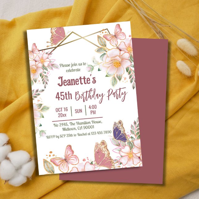 Invitation Elégant joli papillon rose floral 45e anniversaire (Front/Back )
