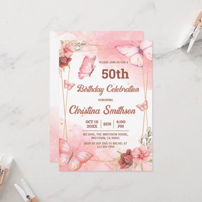 Invitation Elégant joli papillon rose floral 50e anniversaire (Devant/Arrière en situation)