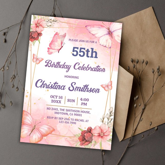 Invitation Elégant joli papillon rose floral 55e anniversaire (Créateur téléchargé)