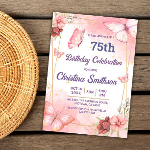Invitation Elégant joli papillon rose floral 75e anniversaire
