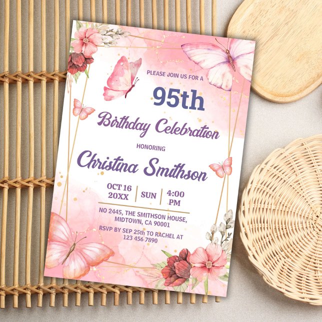 Invitation Elégant joli papillon rose floral 95e anniversaire (Créateur téléchargé)
