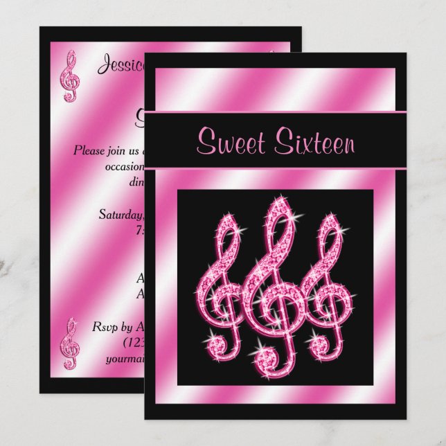 Invitation Élégant, Joli Pink Treble Clefs Sweet 16 (Devant / Derrière)
