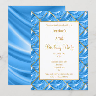 INVITATION ÉLÉGANT JOLIE BLEU SATIN GOLD ANNIVERSAIRE INVITAT