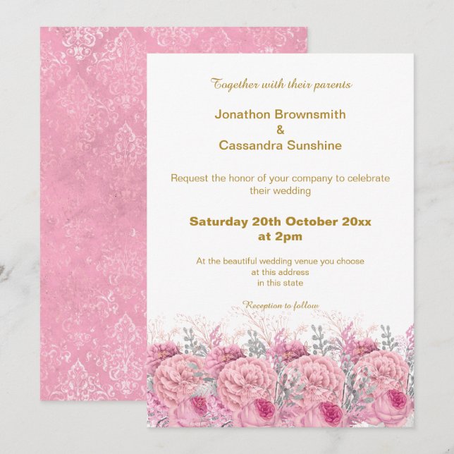 INVITATION ELÉGANT JOLIE ROSE MARIAGE DAMASSÉ FLORALE (Devant / Derrière)