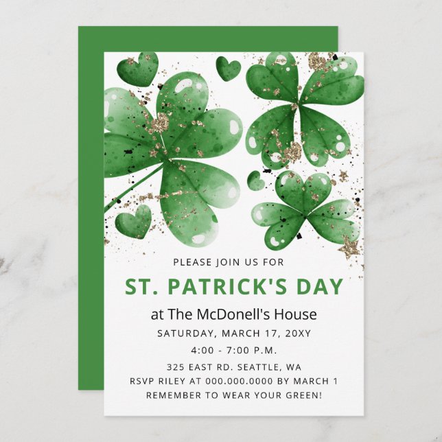 Invitation Élégant Jour de la Saint Patrick Shamrock Gold Git (Devant / Derrière)