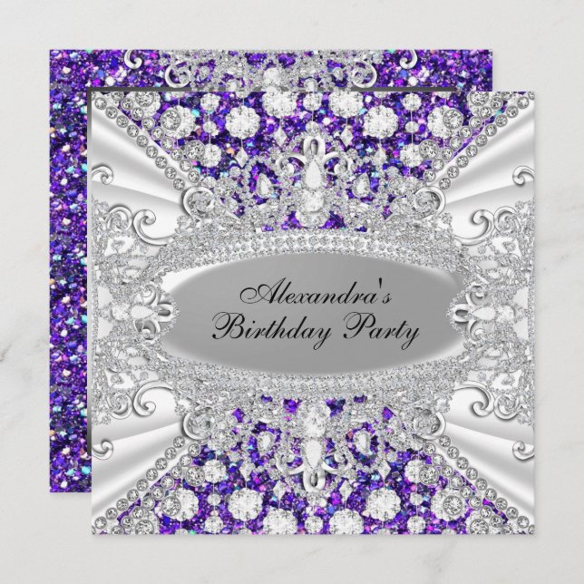 Invitation Elégant Joyau de Diamant Violet Anniversaire Invit (Devant / Derrière)