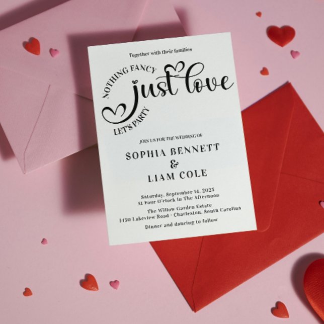 Invitation Elegant Just Love Black and  White Heart Wedding  (Elegant Just Love Black and White Heart Wedding Invite fun quotes nothing fancy just love lets party)
