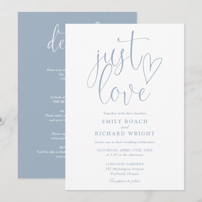 Invitation Élégant Juste Aimer Tout En Un Mariage Bleu Duisie (Devant / Derrière)