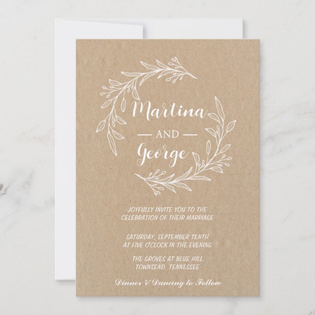 Invitation Élégant kraft rustique minimal mariage feuille (Devant)