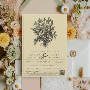 Invitation Élégant Label Mariage Floral Vintage Jaune Beurre