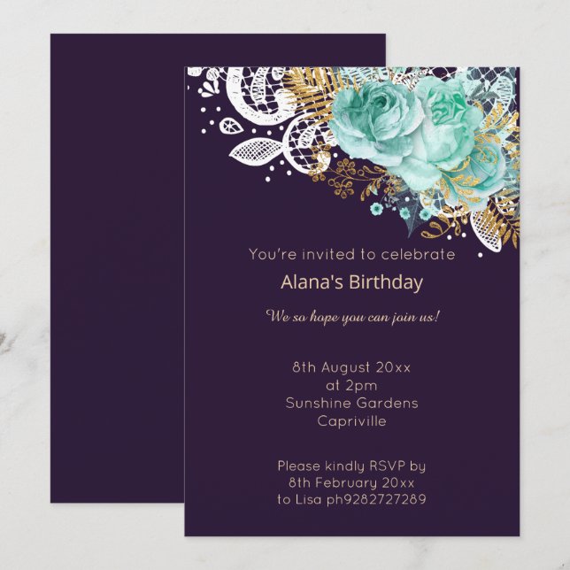 INVITATION ÉLÉGANT LACE DE MARINE MODERNE AQUA BOUQUET (Devant / Derrière)