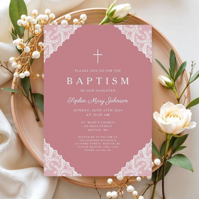 Invitation Elegant Lace Pink Baby Girl Baptism (Elegant Lace Pink Baby Girl Baptism Invitation)